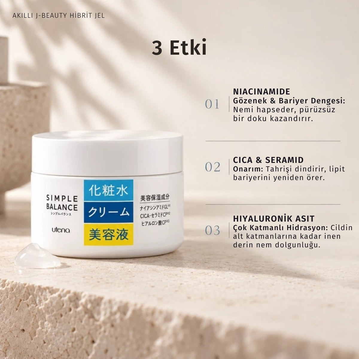 Utena Simple Balance Moisture Gel HA ve 3 etkisi: niacinamide, CICA ve seramid, hyaluronik asit