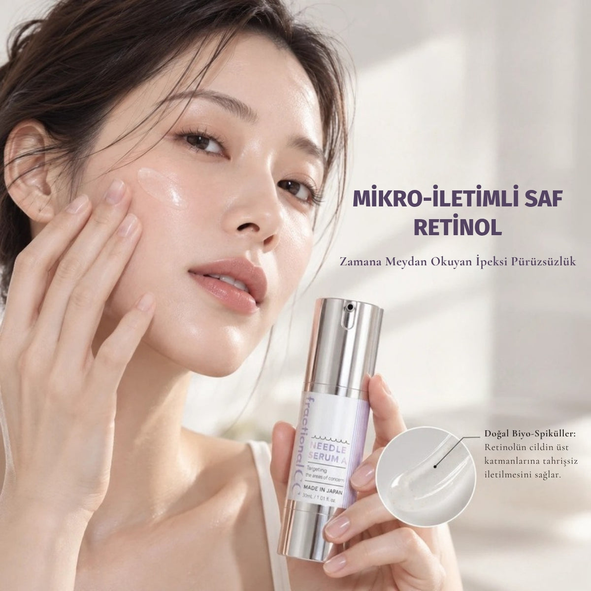 fractional CC Needle Serum A saf retinol serumunu uygulayan model