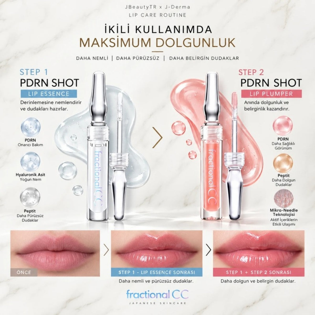 PDRN Shot Lip Essence ve Lip Plumper ikili kullanım rutini