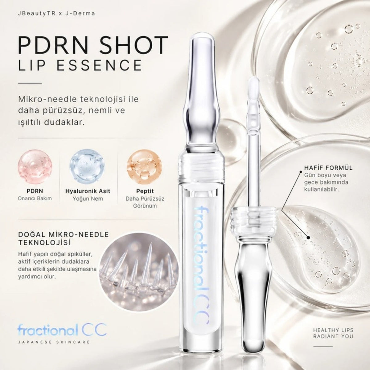 PDRN Shot Lip Essence içerikleri: PDRN, hyaluronik asit, peptit ve mikro-needle teknolojisi