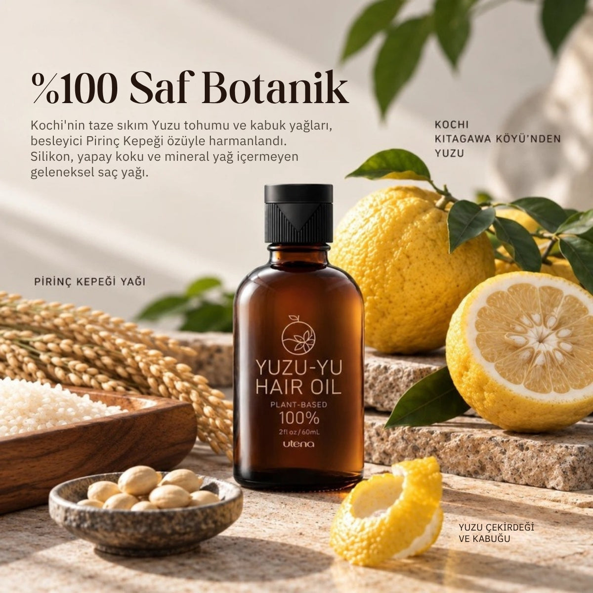 Yuzu-Yu saç yağının botanik içerikleri: yuzu ve pirinç kepeği yağı