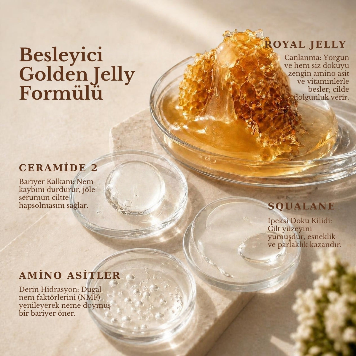 Golden Jelly Mask Royal Jelly formülü: royal jelly, seramid, skualan ve amino asitler
