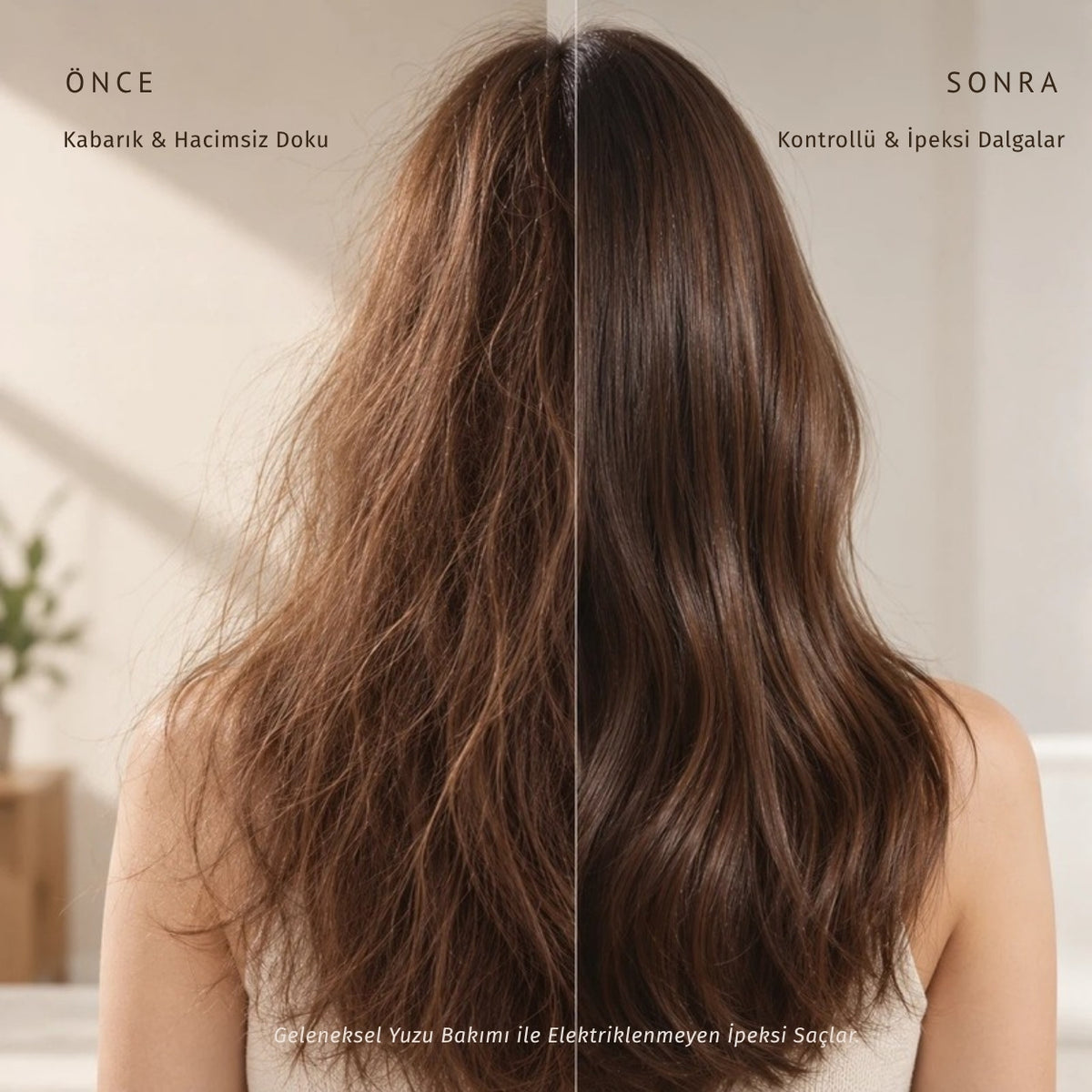 Yuzu-Yu saç yağı sonrası parlak ve yumuşak saçlar