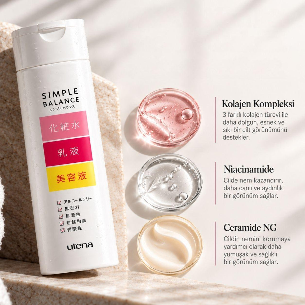 Utena Simple Balance Firming Lotion CO şişesi; kolajen, niasinamid ve seramid içeriği
