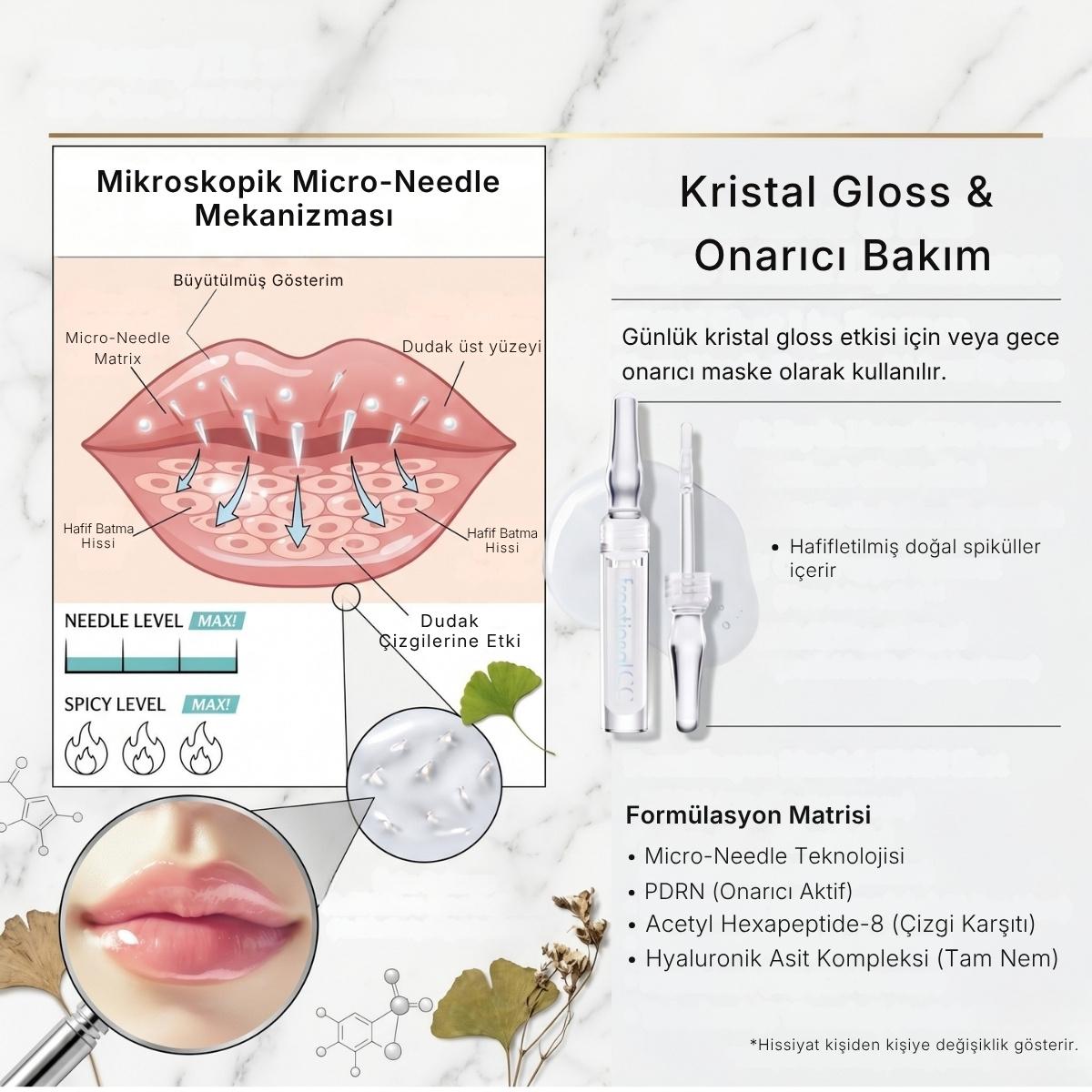 PDRN Shot Lip Essence formülasyon bilgisi: micro-needle teknolojisi, PDRN, Acetyl Hexapeptide-8 ve hyaluronik asit kompleksi