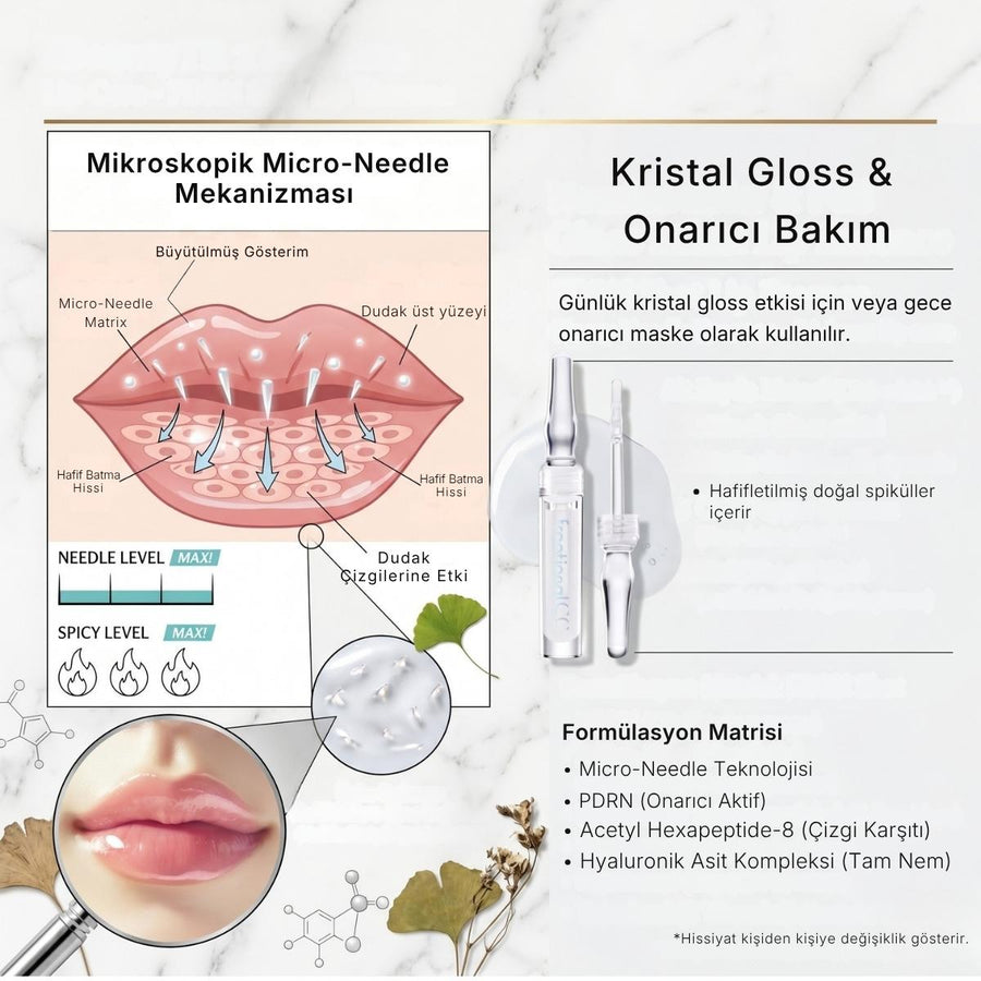PDRN Shot Lip Essence formülasyon bilgisi: micro-needle teknolojisi, PDRN, Acetyl Hexapeptide-8 ve hyaluronik asit kompleksi