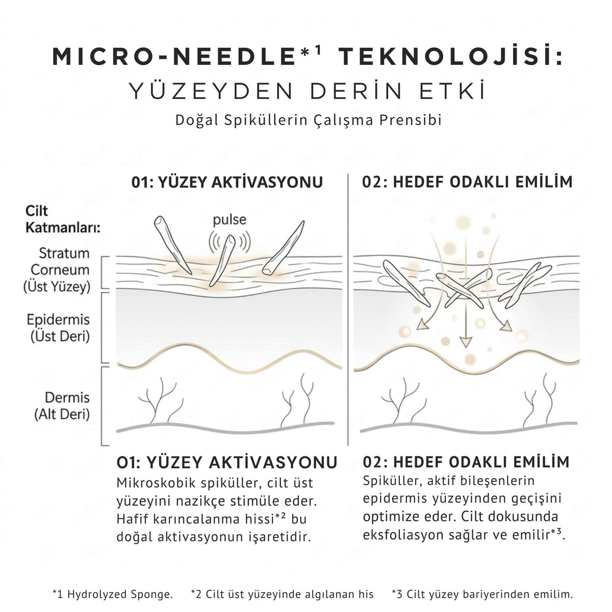 Micro-needle teknolojisi şeması: doğal spiküllerin cilt üst yüzeyinde yüzey aktivasyonu ve hedef odaklı emilim aşamaları