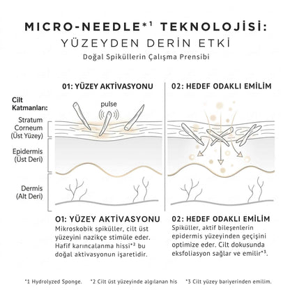 Micro-needle teknolojisi şeması: doğal spiküllerin cilt üst yüzeyinde yüzey aktivasyonu ve hedef odaklı emilim aşamaları