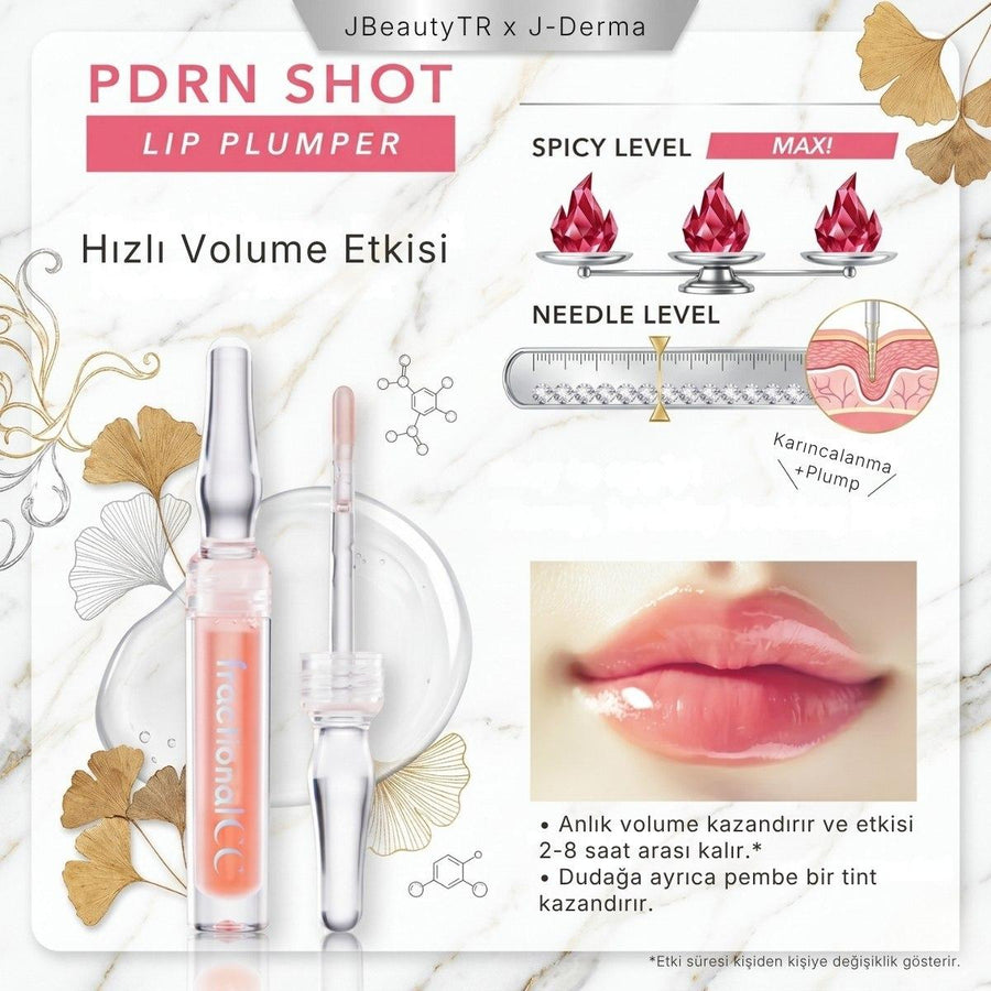 PDRN Shot Lip Plumper bilgi görseli: anında volume etkisi 2-8 saat arası kalır ve dudakta pembe tint bırakır