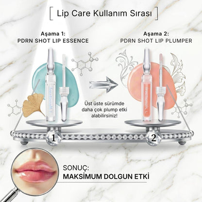 Lip Care kullanım sırası: aşama 1 PDRN Shot Lip Essence, aşama 2 PDRN Shot Lip Plumper