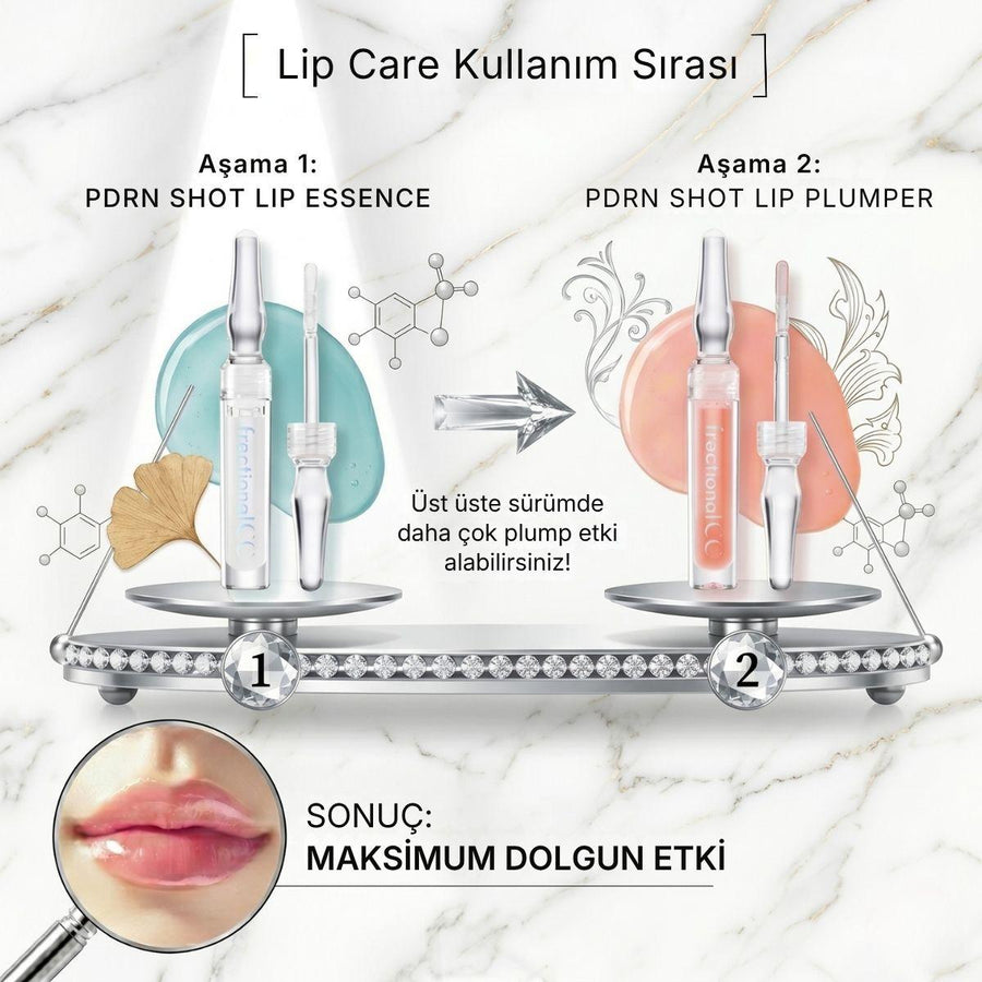 Lip Care kullanım sırası: aşama 1 PDRN Shot Lip Essence, aşama 2 PDRN Shot Lip Plumper