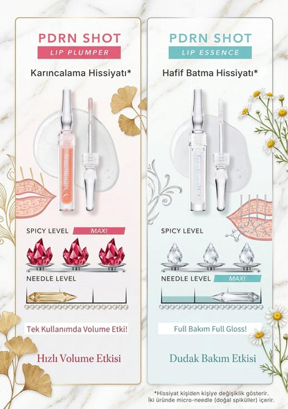 PDRN Shot Lip Plumper ve Lip Essence karşılaştırması: plumper hızlı volume etkisi, essence dudak bakım etkisi