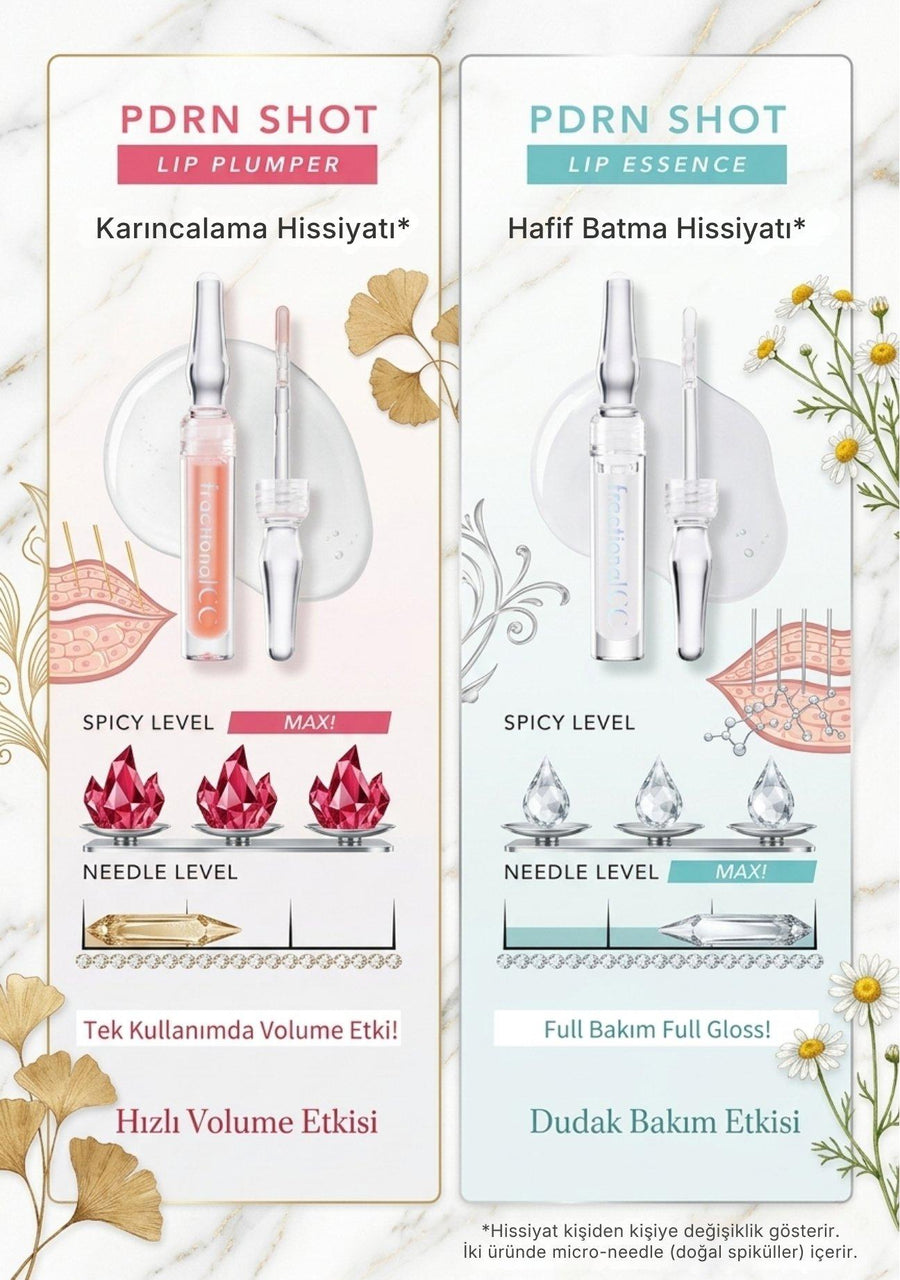 PDRN Shot Lip Plumper ve Lip Essence karşılaştırması: plumper hızlı volume etkisi, essence dudak bakım etkisi