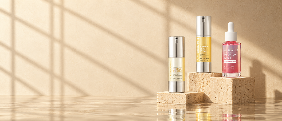 fractional CC Needle Serum C, Needle Serum CX4 ve PDRN Shot 1000+ tonik esans travertin bloklar üzerinde